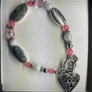 Breast Cancer Awareness Silver and Pink Charm Bracelet Beaded Pink Ribbon Bow